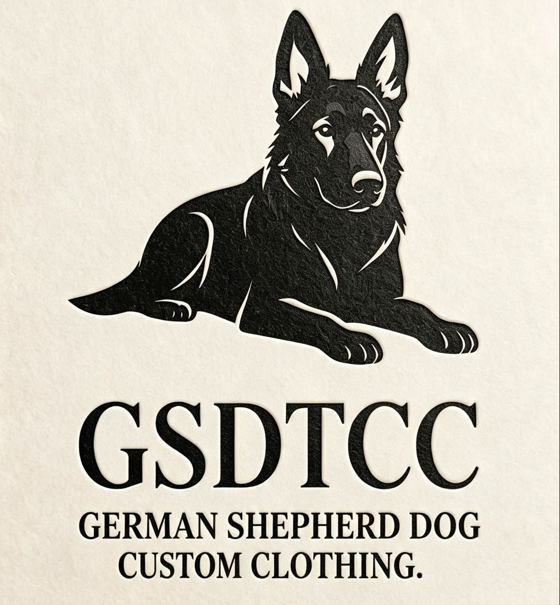 A black silhouette of a German Shepherd lying down above the text 'GSDTCC' and 'GERMAN SHEPHERD DOG CUSTOM CLOTHING.' on a light beige background.